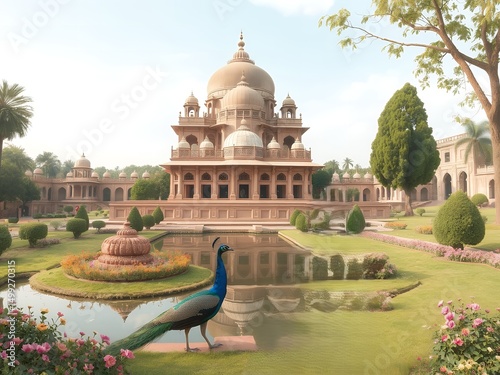Majestic Peacock in a Tranquil Palace Garden Landscape Indian Architecture Beauty