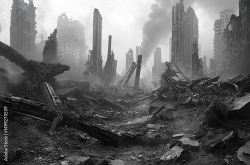 Grayscale concept of a ruined metropolis with twisted metal