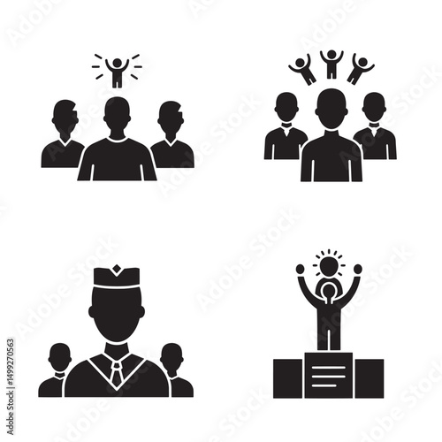 Group of silhouette icons depicting teamwork leadership and achievements in business