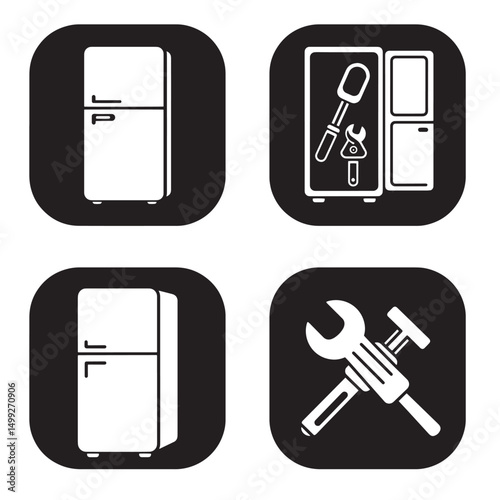 Modern refrigerator repair and maintenance icon set in simple black and white silhouette style