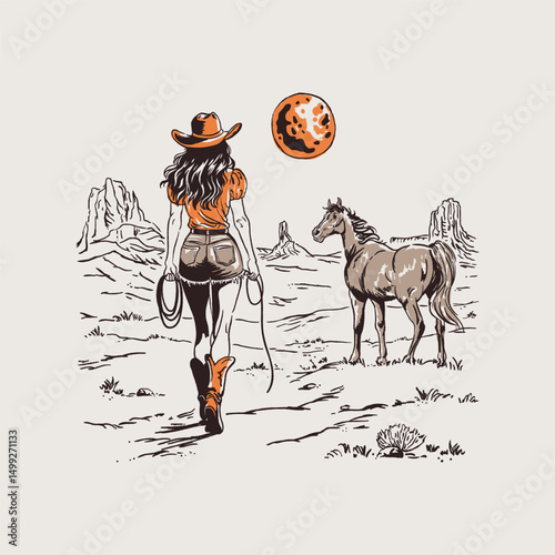 Cowgirl and Horses Desert Scene Retro