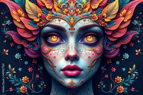 Intricate floral face motif, swirling organic lines, repeating, pattern, beautiful