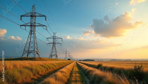 High-voltage power lines stretching across a landscape, carrying electricity from a power plant , distribution, transmission tower