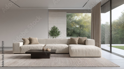 modern open space living room with ultrabright natural light featuring minimalist furniture large and greenery