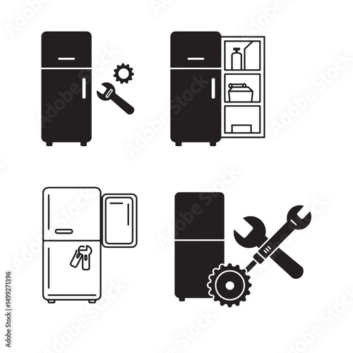 Refrigerator repair and maintenance concept with black silhouette icon set