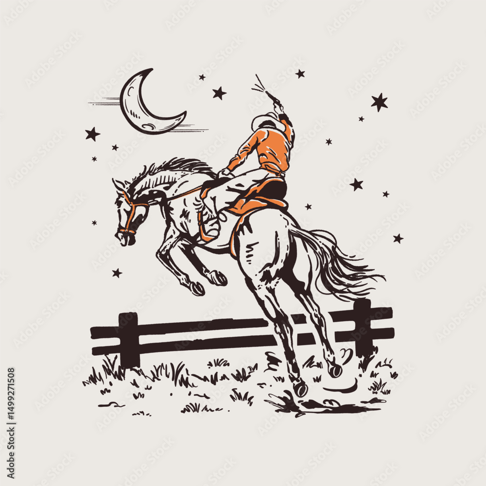 Obraz premium Cowgirl Riding Horse Retro Western Night