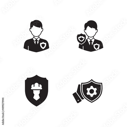 Security and protection icon set featuring shields and security personnel in silhouette
