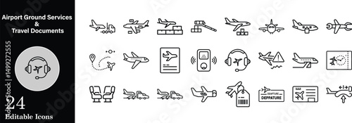 Line art icon set depicting airport ground services travel documents aviation theme featuring airplane icons and luggage transportation editable and scalable graphics