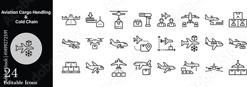 Set of line icons representing aviation cargo handling cold chain and global transportation logistics services editable minimalist outline