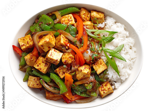 Colorful tofu stir-fry with rice bowl.
