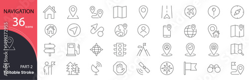 Navigation related icons set. Including map, compass, GPS, direction, route, pin, and location. Editable stroke. outline icons.
