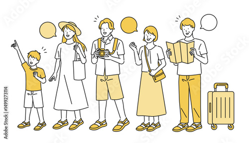 イラスト素材【旅行シーン】：楽しそうな夏の家族旅行　
