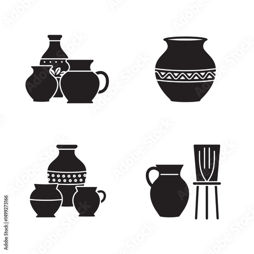Simple silhouette illustrations of various ceramic pottery and handmade decorative vessels