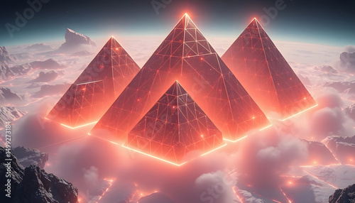 Floating digital pyramids, surreal sci