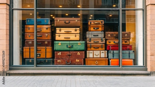 A captivating vintage shop window showcases a vibrant array of antique suitcases and trunks, meticulously stacked to the ceiling, inviting passersby to reminisce about grand journeys