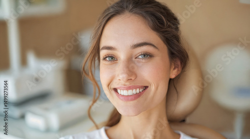 A woman with a white shirt and brown hair is sitting in a chair