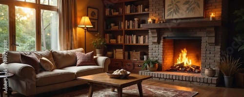 Warm, inviting living room scene with soft lighting, plush furniture, and a crackling fireplace  Perfect for home, comfort, relaxation, and family themes ,  homey,  plush furniture