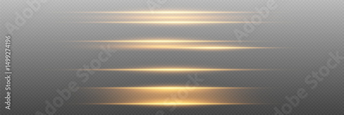 Glowing horizontal light beams with golden sparkles on transparent background for magic or sci-fi effects.