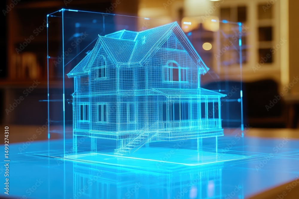Holographic house model.  A translucent, glowing, blue-toned holographic model of a house,  floating within a transparent cube.  Architectural lines define the house's structure and foundation.  