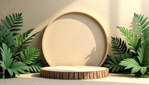 Product Display Stand: A minimalist product display stand, composed of a wooden base and a round backdrop, surrounded by lush green leaves under soft lighting.