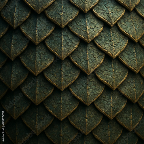 A high-resolution close-up of rounded dragon scales, arranged in an overlapping pattern with a rich, textured surface. The scales have a dark green hue with subtle bronze outlines, creating a realisti