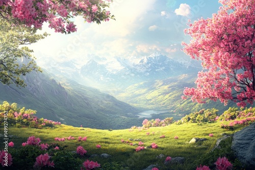 natural landscape of rhododendron flowers in mountain meadow, sunny day