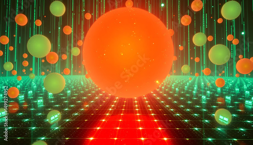 Floating glowing orbs, levitating above an endless cyber grid