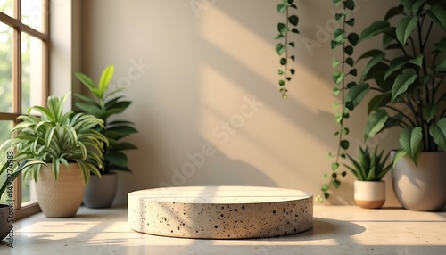 Elegant Plant Display: A minimalist platform bathed in warm sunlight, surrounded by lush potted plants, against a backdrop of natural light and window, creating a serene and inviting space.