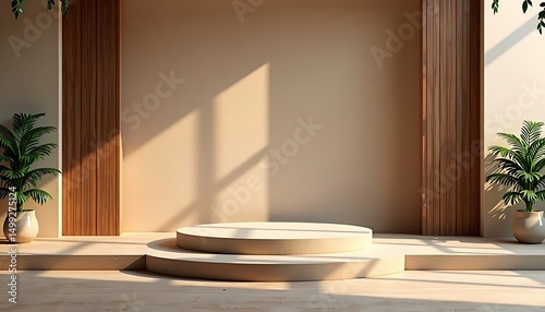 Minimalist Product Display: A sleek, minimalist product display features a circular, two-tiered platform bathed in warm, natural sunlight.