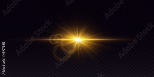 Bright golden light, sparkling with star glare and lens reflection. On a transparent background.