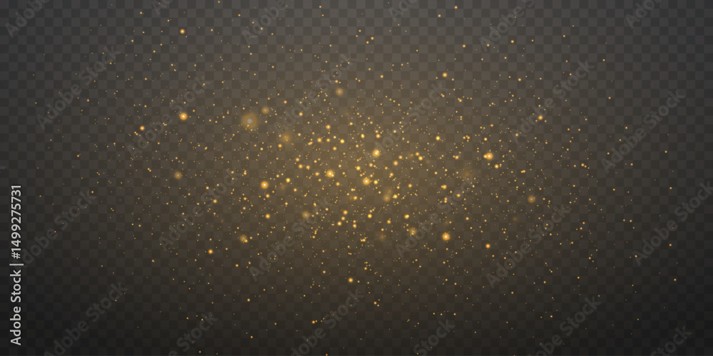 Golden glowing dust particles with soft shimmer effect. On transparent dark background.
