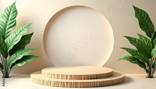 Minimalist Product Stage with Lush Foliage: A serene product stage is showcased, minimalist design, framed by vibrant greenery.