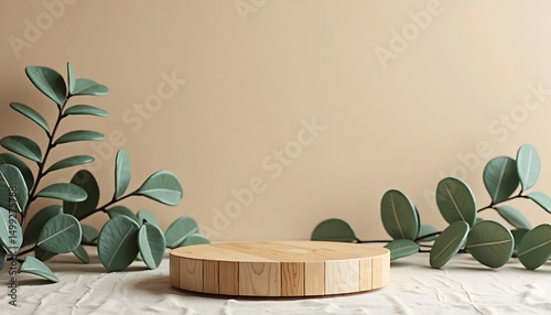 Eco-Friendly Display Stage: A minimalist composition featuring a wooden display stage, artfully adorned with fresh, green plant branches and leaves, against a natural backdrop.