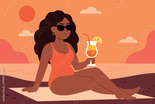 Confident woman in red swimsuit enjoying cocktail on serene beach at sunset. Ideal for travel, tourism, summer lifestyle, wellness, resort and holiday marketing. Flat simple vector illustration.