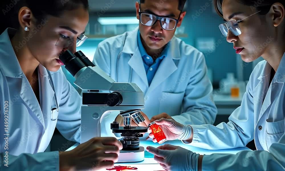 Scientists Working Together Using Microscope in Lab
