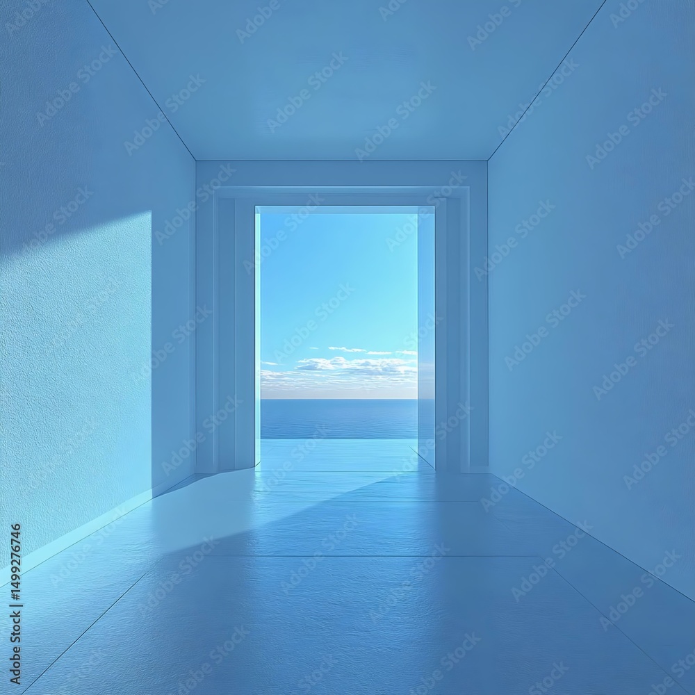 Obraz premium A serene blue room with a view of the sea, featuring minimalist design and bright natural light emphasizing tranquility and openness.
