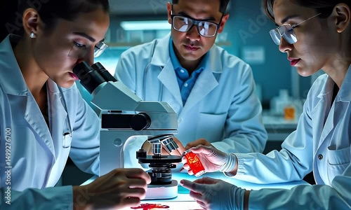 Scientists Working Together Using Microscope in Lab