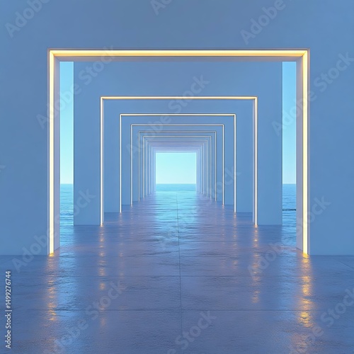 A serene perspective of multiple doorways leading to a tranquil ocean view, evoking a sense of peace and infinity.