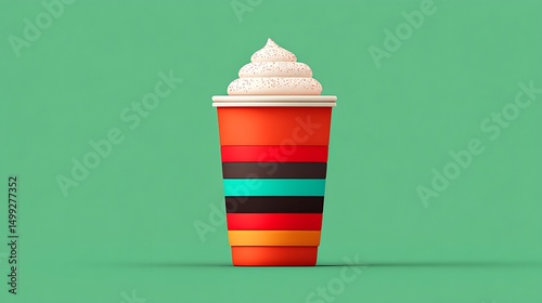 Colorful Coffee Cup with Whipped Cream – Bright Striped Takeaway Drink on Green Background
