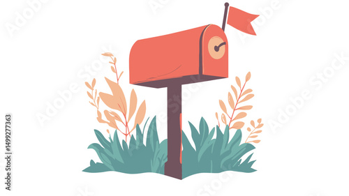 The image is a digital illustration featuring a red mailbox with a small, upward-pointing flag. The mailbox is rendered in a simplified, flat style with pastel hues. It sits atop a brown post.