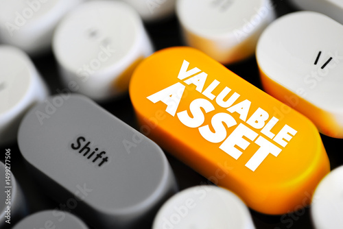 Valuable Asset - something that has significant worth or importance, either in a financial context or in terms of utility, effectiveness, or contribution, text button on keyboard photo
