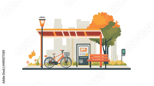 A digitally created vector illustration depicting a stylized bus stop scene. The style is flat, with bold colors and clean lines. The scene features a red and brown bus shelter with a digital clock.