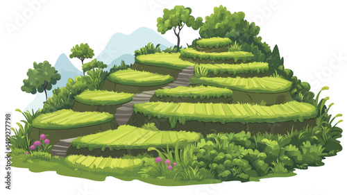 A digital illustration depicting a vibrant and lush hillside rice paddy field. The image showcases multiple levels of rice terraces cascading down a slope, rendered in varying shades of green.