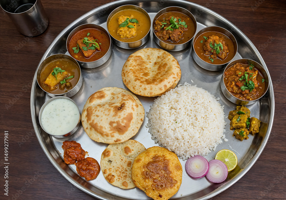 Traditional Indian Thali Meal with Colorful Curry and Chutney – Top Angle View Traditional Indian Thali Meal with Colorful Curry and Chutney – Top Angle View