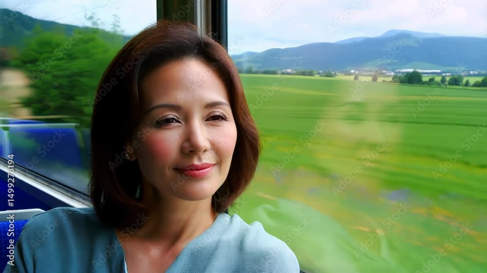 Asian woman riding on a train, gazing peacefully out the window at green fields and distant mountains in motion blur. Concept of travel, freedom, and reflection Asian woman riding on a train, gazing peacefully out the window at green fields and distant mountains in motion blur. Concept of travel, freedom, and reflection