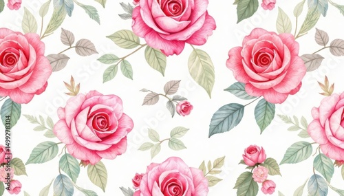 Delicate watercolor roses, swirling leaves, seamless repeat, leaves, fabric