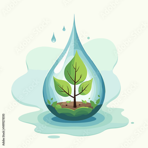Water Conservation: Conceptual Vector Art.Abstract raindrop with tree, symbolizing the cycle of nature and a healthy environment.Eco-friendly concept art for sustainable living.Importance of water for