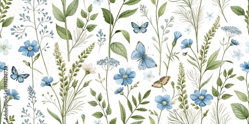 seamless vintage botanical pattern with blue wildflowers, green leaves and butterflies on white background for elegant design