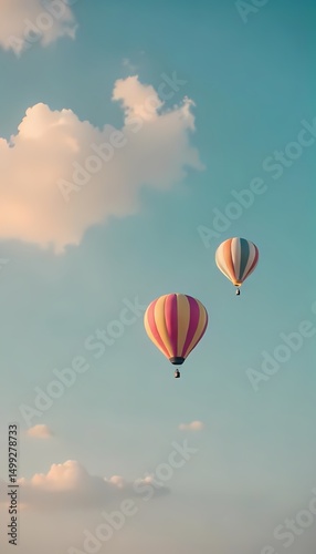 Colorful hot air balloons flying high in the sky with an adventure spirit
