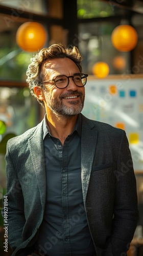 A confident middle-aged man with glasses, smiling in a modern workspace with plants and decorative lights, exuding professionalism and warmth.